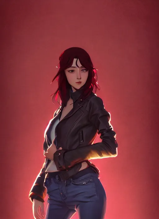 Prompt: pretty young woman with shoulder length shiny shimmering dark red hair and wearing worn leather jacket, concept art, t - pose, full body, path traced, highly detailed, high quality, digital painting, by studio ghibli and alphonse mucha, leesha hannigan, makoto shinkai, arcane