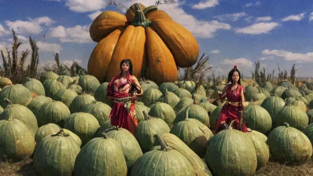 Prompt: xianxia bodybuilder in a field of giant gourds