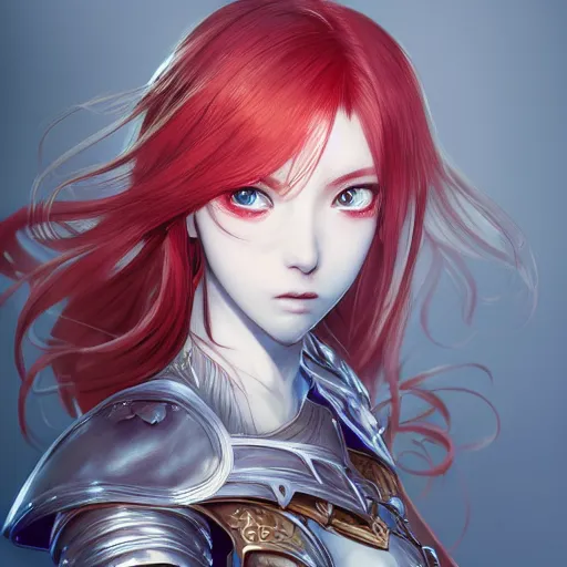 Image similar to a red haired female knight as an absurdly beautiful, elegant, sensual anime girl, blue background, ultrafine hyperrealistic detailed face illustration by kim jung gi, irakli nadar, intricate linework, sharp focus, bright colors, matte, octopath traveler, final fantasy, unreal engine highly rendered, global illumination, radiant light, intricate environment