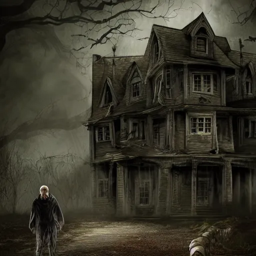 Image similar to a man walks through a haunted house, dark, creepy, detailed, digital art