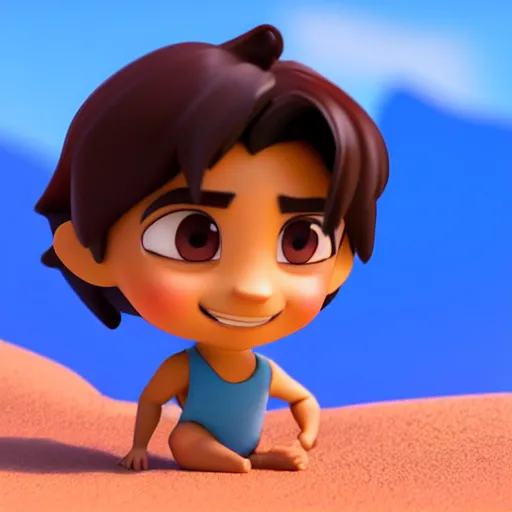 Image similar to profile view of young aladdin as nendoroid walking in a desert in the croods movie style, wearing typical clothes, 8 k, hd, dof, kodak film, volumetric lighting, subsurface scattering, photorealistic, octane render