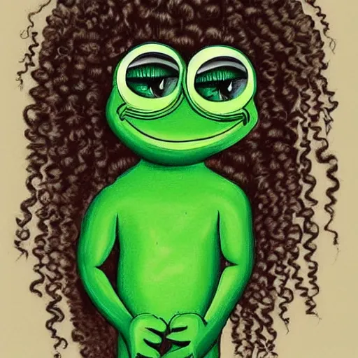 Prompt: hyperreal pepe the frog with curly hair cute girl