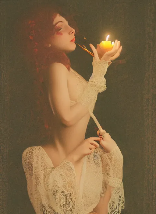 Prompt: a photo of a woman in a dark room wearing lace smoking a cigarette advertisement photography by mucha, candlelight, pagan, extremely coherent, sharp focus, elegant, render, octane, detailed, award winning photography, masterpiece, rim lit