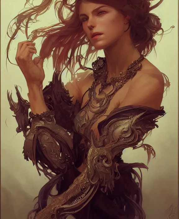 Image similar to portrait of a demon, half body, d & d, fantasy, intricate, elegant, highly detailed, digital painting, artstation, concept art, art by artgerm and greg rutkowski and alphonse mucha