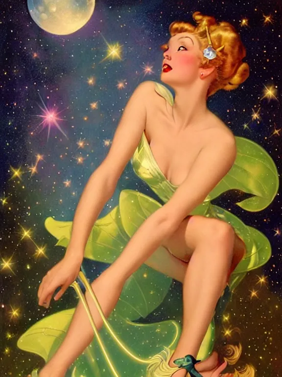 Image similar to kiernan shipman as tinkerbell glowing, a beautiful art nouveau portrait by Gil elvgren and Hajime Sorayama, moonlit starry sky environment, centered composition, defined features, golden ratio, golden glow