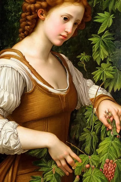 Prompt: renaissance painting of young girl in the garden, closeup, curly long hair, face closeup, emotions closeup, dressed in roman armour, the beautiful garden with maple leaves everywhere, ultra detailed, art by guido reni style, vincenzo catena style