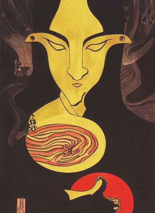 Image similar to portrait of a woman with a mask on his face in the form of a spiral in a golden kimono, full face, against the background of a bright red moon, sad motif, by hisashi eguchi, kentaro miura, and yoshitaka amano, soft colors, futuristic, 8 k