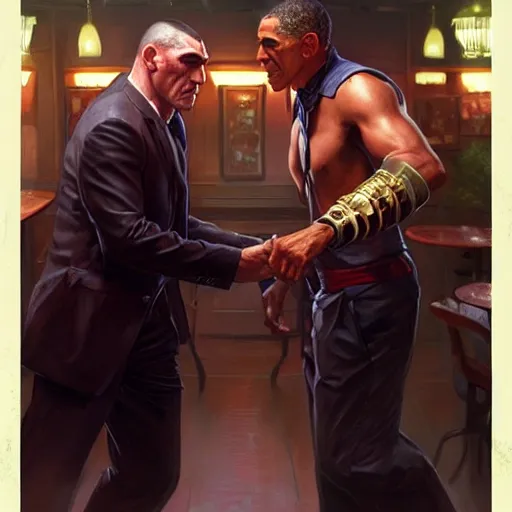 Image similar to vinnie jones and barak obama fighting in a pub, real life skin, intricate, elegant, highly detailed, artstation, concept art, smooth, sharp focus, art by artgerm and greg rutkowski and alphonse mucha