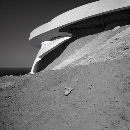 Image similar to cliff house on the edge of a moon crater designed by zaha hadid, photography