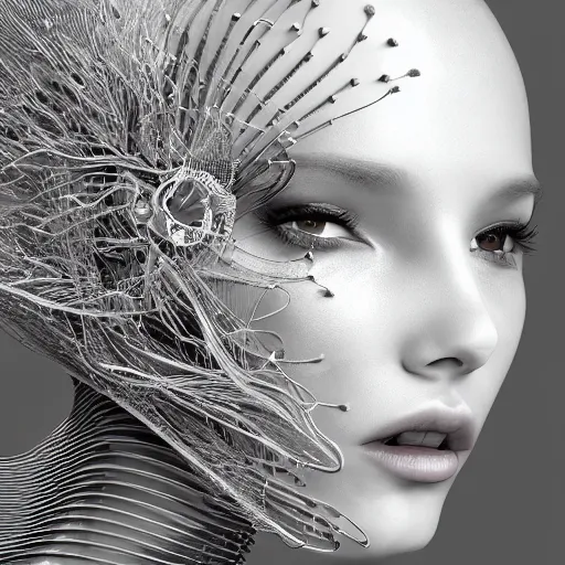 Image similar to closeup portrait of an absurdly beautiful, graceful, sophisticated, fashionable cyberpunk mechanoid gravure idol, an ultrafine hyperdetailed illustration by irakli nadar, matt wisniewski style, fashion photography, intricate linework, porcelain skin, jellyfish headdress, unreal engine 5 highly rendered, global illumination, radiant light, detailed and intricate environment