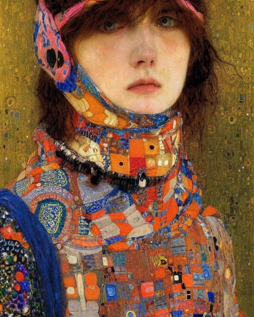 Image similar to a close up of beautiful wearing a balaclava surrounded by colourful intricate patterns, by gustave klimt edgar maxence and caravaggio and michael whelan, intricate painting, hyper realistic, extremely detailed and beautiful aesthetic face, 8 k resolution