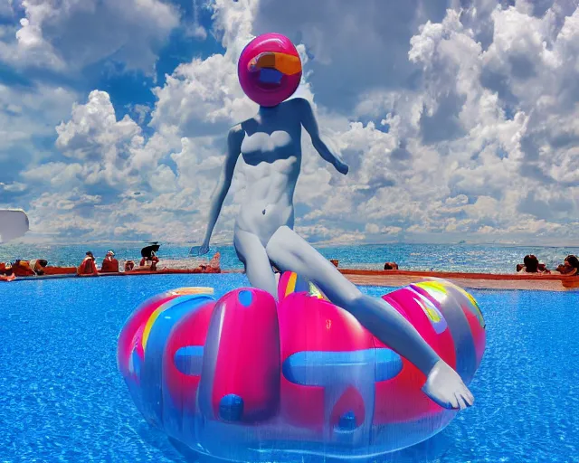 Image similar to a long shot of a giant award winning sculpture made out of a lot of inflatable pool toys in the shape of a human head, on the surface of the ocean, in the style of chad knight, hyper detailed, hyper realistic, ray tracing, 8 k resolution, sharp focus, realistic water