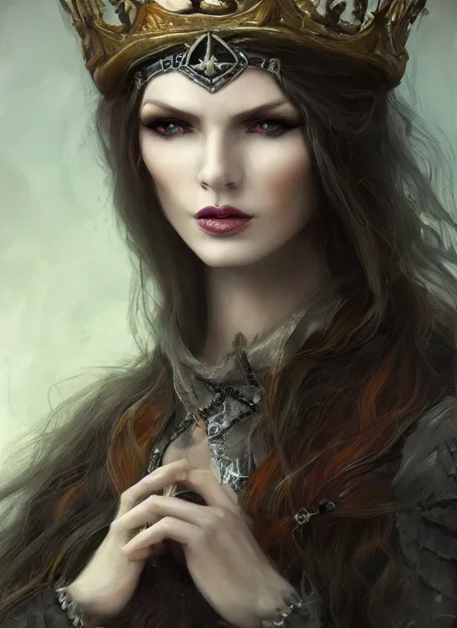 Prompt: pale, beautiful witch with long hair and a crown, fantasy, medieval, vivid colors, fantasy, elegant, concept art, sharp focus, beautiful face!!, digital art, Hyper-realistic, 4K, Unreal Engine, Highly Detailed, HD, Dramatic Lighting by Brom, trending on Artstation