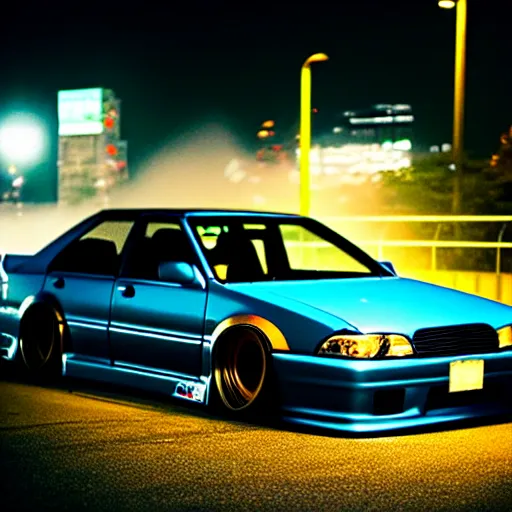 Prompt: a car JZX100 turbo drift at illegal car meet, Kanagawa prefecture, city midnight mist lights, cinematic color, photorealistic, highly detailed wheels, 200MM