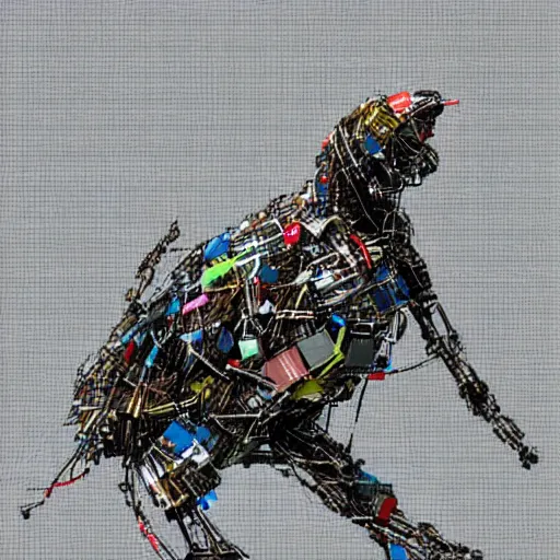 An austral thrush made of wires and scrap computer stable diffusion