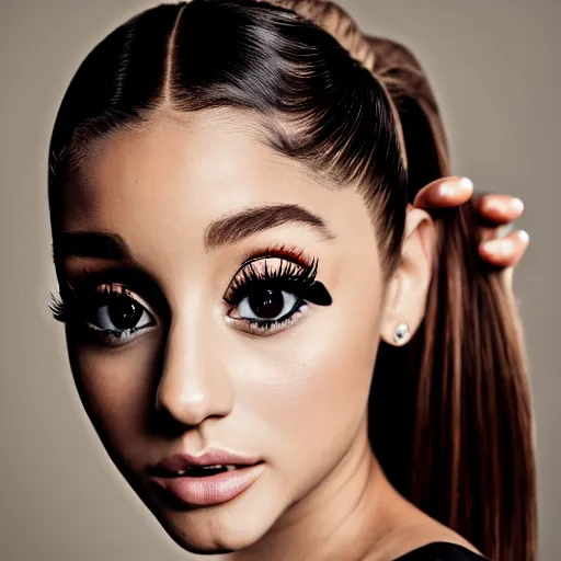 Prompt: Portrait of Ariana Grande with enormous Anime eyes, vogue, perfect face, intricate, Sony a7R IV, symmetric balance, polarizing filter, Photolab, Lightroom, 4K, Dolby Vision, Photography Award