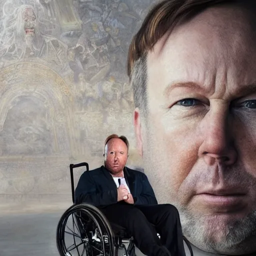 Image similar to hyperrealistic mixed media image of info wars alex jones in a wheelchair at a museum, stunning 3 d render inspired art by xiang duan and thomas eakes and greg rutkowski, perfect facial symmetry, hyper realistic texture, realistic, highly detailed attributes and atmosphere, dim volumetric cinematic lighting, 8 k octane detailed render, post - processing, masterpiece,