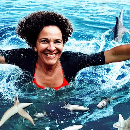 Image similar to an athletic woman in her fifties with curly brown hair, swimming smiling in the middle of a rough sea surrounded by sharks. above her, in the sky, a star.