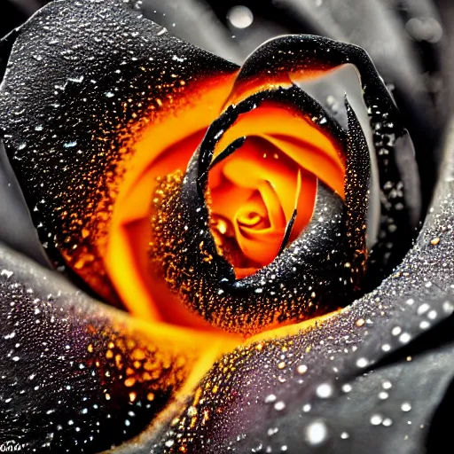 Image similar to award - winning macro of a beautiful black rose made of glowing molten magma