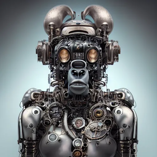 Image similar to a beautiful intricate fine art portrait photo of a a mechanical industrial steampunk cybernetic gorilla, by tom bagshaw and zach sutton, perfection!, milk bath photography, studio lighting, 35mm lens, very detailed, bionic, cybernetic scifi, deep depth of field, artstation, 8K, highly coherent