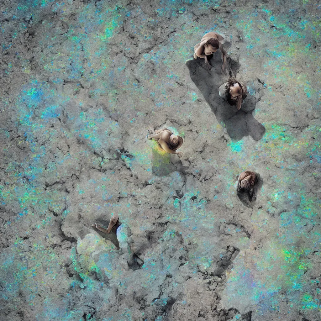 Image similar to overhead view of iridiscent oil slick and eroded stones with a woman's connected by a transparent pipe to a baby buried, faded, gradient, depth of field, ultra realistic, very detailed, glitch, by nadav kander, 8 k hyper realistic detailed cinematic