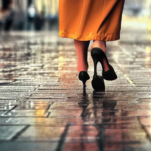 Image similar to close up of a womans high-heel shoe stepping into a shallow rain puddle on a busy crosswalk, by Leonid Afremov, matte painting, hyperrealism