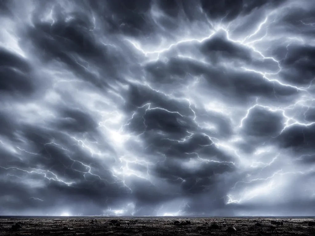 Image similar to dark super storm shot from the ground, hyper realistic clouds that resemble levitating large rocks. impressive, magical, very atmospheric, fog, cinematic, deep, very high complexity, stunning, dramatic masterpiece, iridescent, chiaroscuro, romantism, very detailed. 4 k