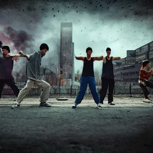 Prompt: realistic picture, post apocalyptic city on fire in the background, group of people practicing tai chi in the foreground