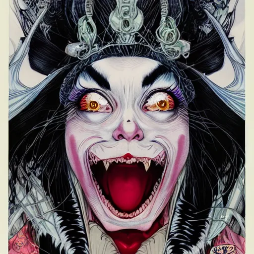 Image similar to portrait closeup of crazy cruella de vil, symmetrical, by yoichi hatakenaka, masamune shirow, josan gonzales and dan mumford, ayami kojima, takato yamamoto, barclay shaw, karol bak, yukito kishiro