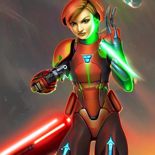 Image similar to natalie portman in the suit of Samus Aran from Metroid. She is fighting darth vader next to the Sun. Very emotional. Ultra high quality, very detailed. 8k. Trending on art station