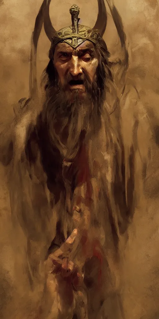 Image similar to a character study of the ancient historical biblical evil pagan king ahab of Israel by craig mullins and marc simonetti, Ross Tran and WLOP, by Andrew Wyeth and Gerald Brom, In the style of John singer Sargent and James gurney, ARTSTATION, cgsociety, polycount, character design, CINEMATIC, AWE INSPIRING, BEAUTIFUL, ART GERM