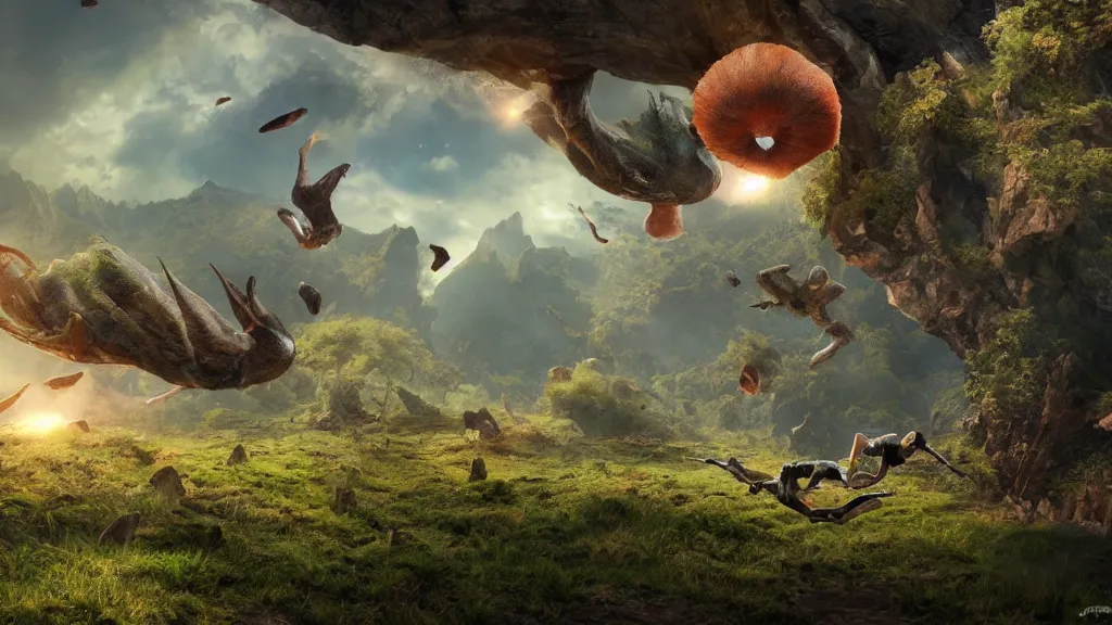 Image similar to giant kiwis falling from the sky, fantasy artwork, very very very beautiful scenery, hd, hdr, ue5, ue6, unreal engine 5, cinematic 4k wallpaper, 8k, ultra detailed, high resolution, artstation, award winning