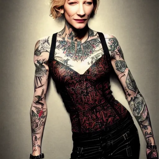 Image similar to full body tattooed cate blanchett,latino, highly detailed, photorealistic, 4k