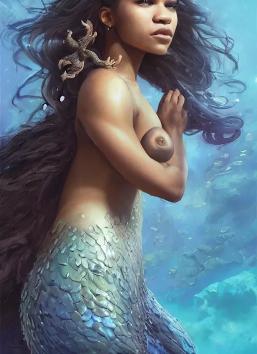 Image similar to dramatic upper body portrait of Zendaya as a dark-skinned mermaid by Ruan Jia and Mandy Jurgens and Artgerm and william-adolphe bouguerea, underwater, white lilies, shells, mirror, marvel comics, intricate, highly detailed, smooth, artstation, digital illustration by julie bell and Ruan Jia and Mandy Jurgens and Artgerm and William Adolphe Bouguereau and John Collier and Greg Rutkowski and Frank Frazetta