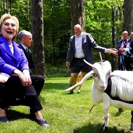 Prompt: hillary clinton wearing a goat head at the bilderberg meeting in the forest