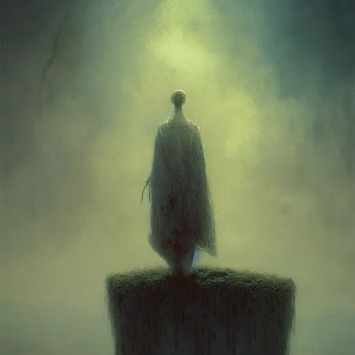 Prompt: a trapped giant talking to miniscule human, by greg rutkowski + beksinski, atmospheric, cinematic, dramatic colors, horror