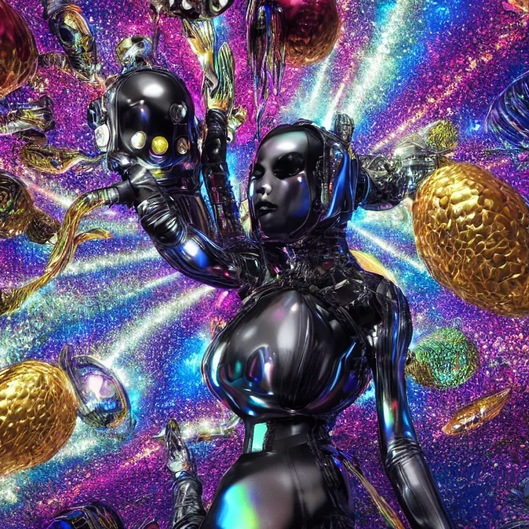 Prompt: octane render by wayne barlow and carlo crivelli and glenn fabry, a woman in a skintight shiny black spacesuit with intricate iridescent metal detailing, covered in bright colorful tropical alien flora inside a massive cavern, cinema 4 d, ray traced lighting, ultra - detailed, volumetric lighting, very short depth of field, bokeh