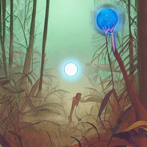 Image similar to a dirty lost person is following a floating blue glowing ball of light through the swampy forest, art by Afda Trihatma .