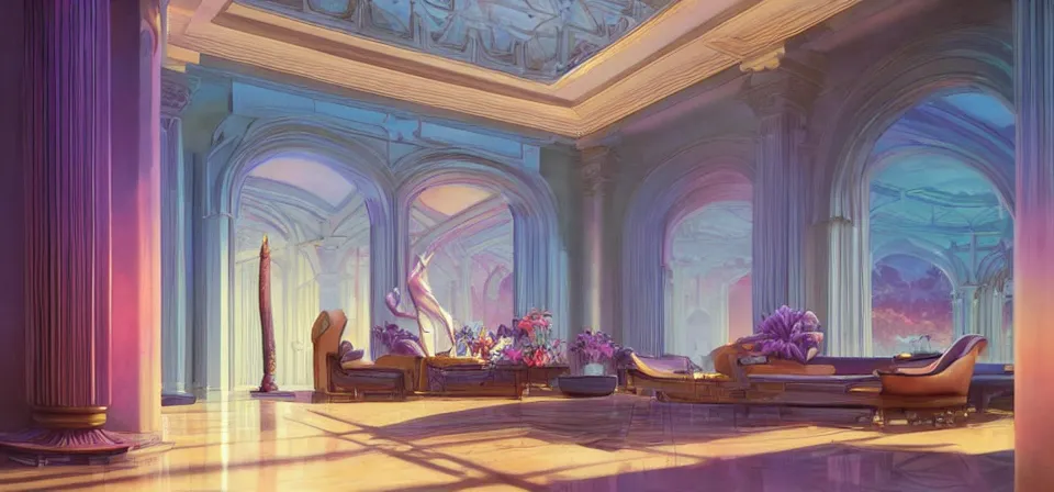 Image similar to vaporwave ombre detailed luxury hotel lobby. highly detailed, digital painting, artstation, concept art, smooth, sharp focus, illustration, ed hopper, chris moore. artgerm, tomasz alen kopera, peter mohrbacher, donato giancola, joseph christian leyendecker, wlop, boris vallejo