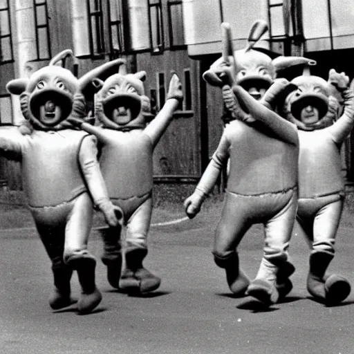 Image similar to teletubbies in a parade in nazi germany