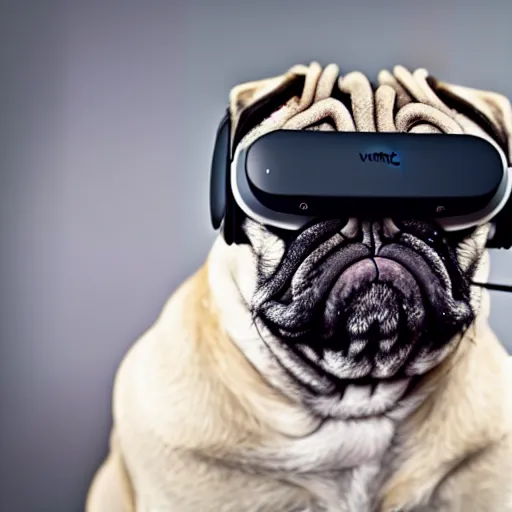 Image similar to film still medium shot a pug wearing a oculus quest vr headset, leica sl 2 5 0 mm, vivid color, high quality, high textured, real life