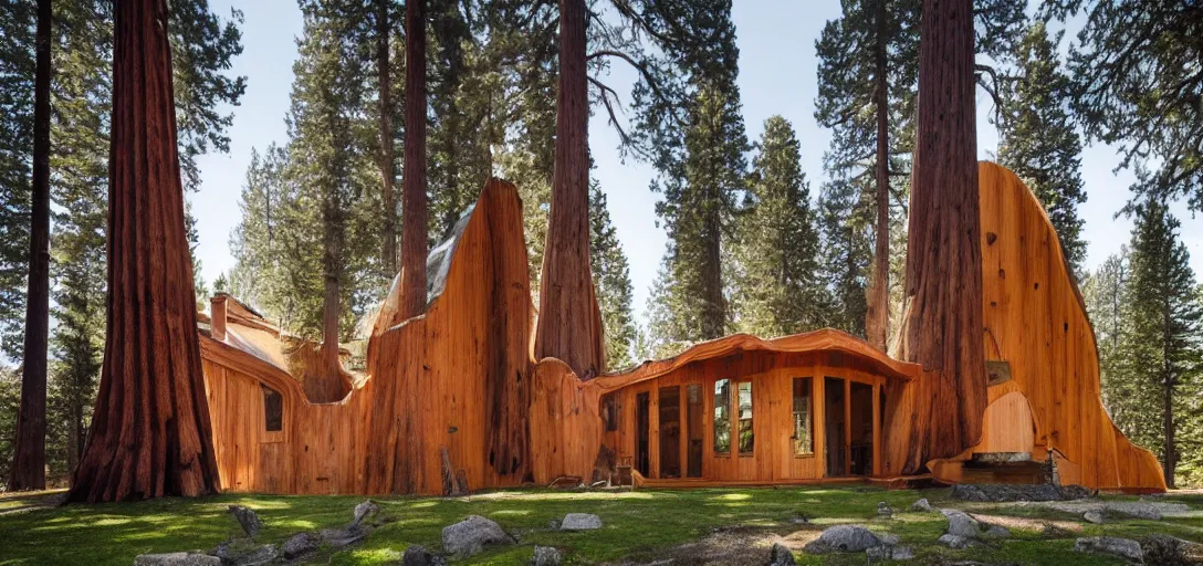 Image similar to house built into and inside a single giant sequoia