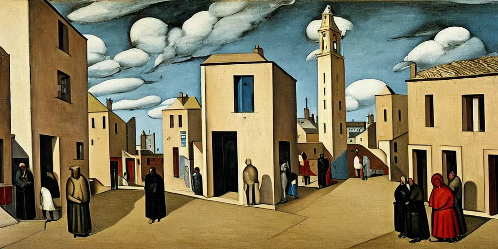 Image similar to a painting of street life in kirkwall, orkney, people,houses, by Giorgio de Chirico