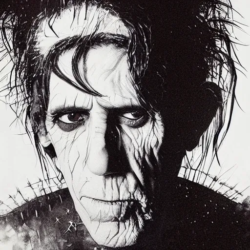 Image similar to stunning portrait of gaunt keith richards a ( the cure fan ) as dream from sandman, dim stars as eyes, by jeremy mann, by cedric peyravernay, by by russ mills, by richard avedon and ben templesmith, dramatic lightning, sadness, dark eye sockets, in the shadows, punk rock, gothic, high detailed, 8 k