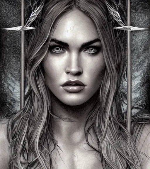 Image similar to portrait of megan fox as beautiful aphrodite goddess as an archer, arrow crown, beautiful piercing eyes, flowing blonde hair, realistic face, black and white drawing, in the style of greg rutkowski, fantasy, amazing detail, epic, intricate, elegant, smooth, sharp focus