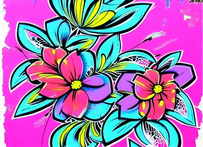 Image similar to beautiful flowers, graffiti stencil illustration, intricate detail, vivid pastel colors, clean lines