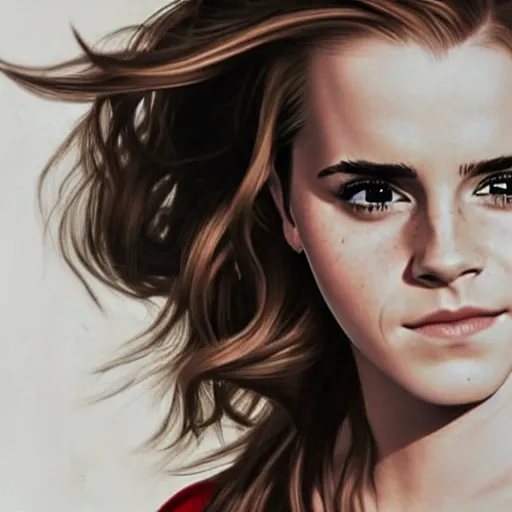 Prompt: emma watson playing with her hair, hyperrealistic, artgerm