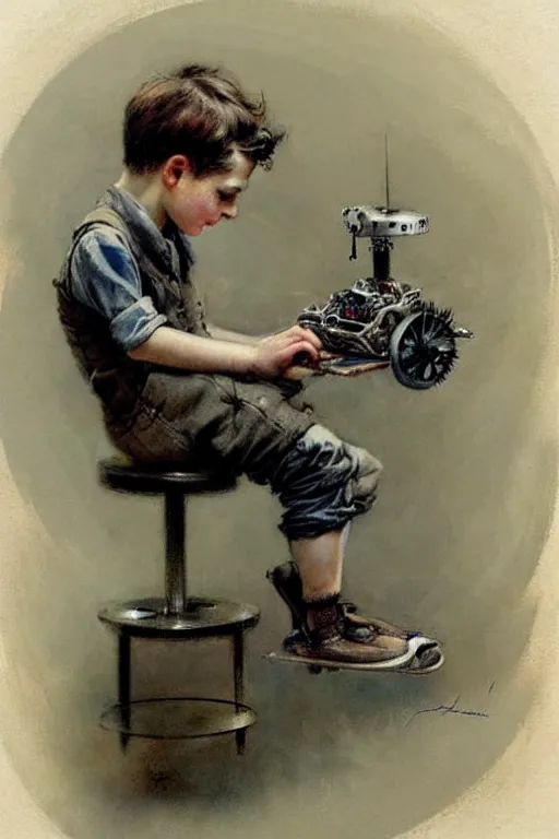 Image similar to ( ( ( ( ( 1 9 5 0 s a boy working on his robot. muted colors. ) ) ) ) ) by jean - baptiste monge!!!!!!!!!!!!!!!!!!!!!!!!!!!