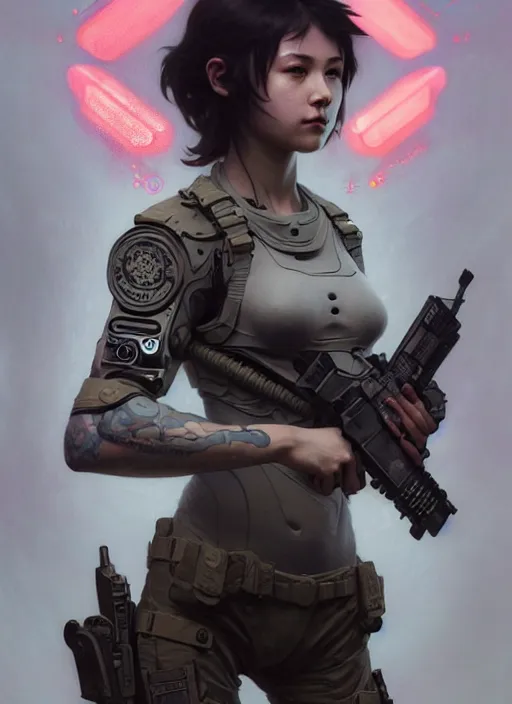 Image similar to girl covered with tattoos wearing tactical gear, intricate lights, bio luminescent, plasma, by ruan jia and artgerm and range murata and wlop and ross tran and william - adolphe bouguereau and beeple. key art. fantasy illustration. award winning, artstation, intricate details, realistic, hyperdetailed, 8 k resolution.