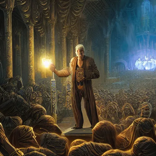 Prompt: silver orator listened by unrightful crowd by Michael Whelan by Jeff Easley photorealistic, cinematic, fantastic reality, detailed, intricate dramatic lighting, establishing shot, 8k resolution – W 1024